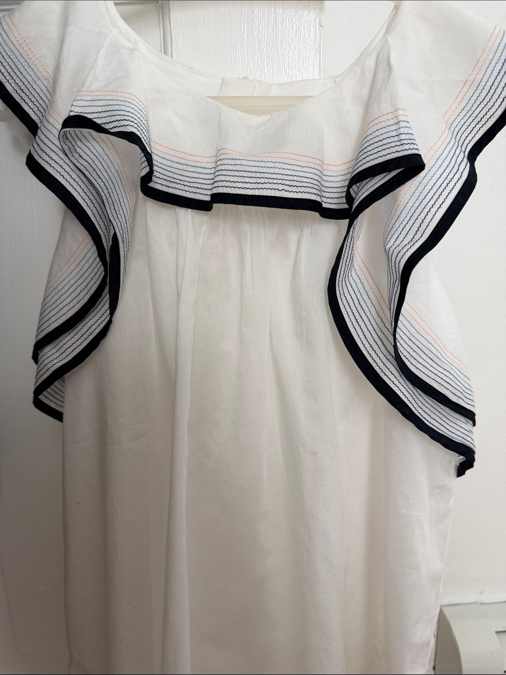 Chloe White Ruffle Dress with Navy and Pink Trim